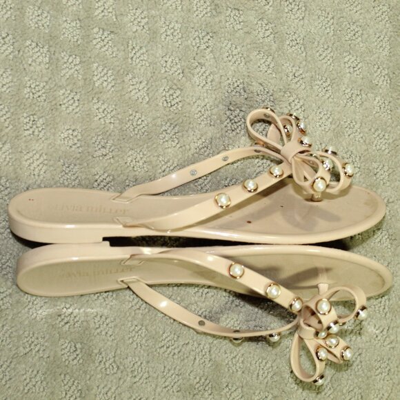 Olivia Miller Women's Size 8.5 Blush Pearl Bow Jelly Thong Sandals Flip Flop - Picture 4 of 7